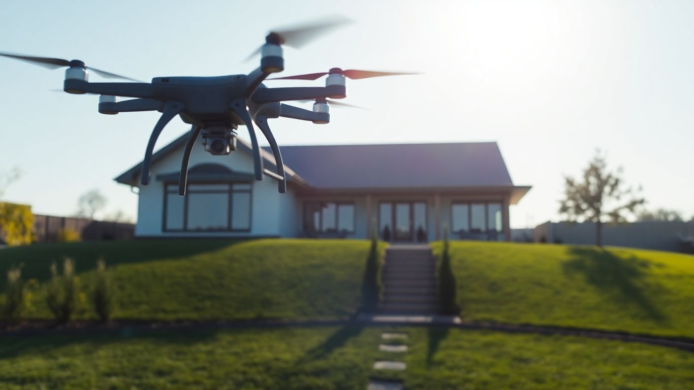 Drone flying over a house for real estate.