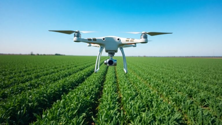 Drone flying over a green crop field.