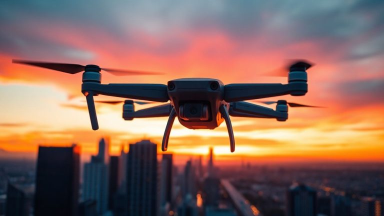 Drone capturing city skyline at sunset