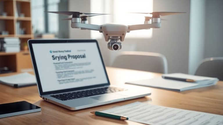 Drone hovering over a desk with proposal document.