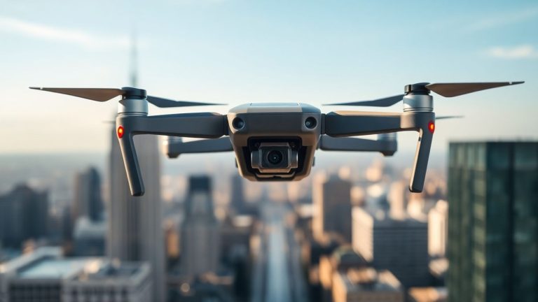 Drone flying over city, capturing aerial footage.