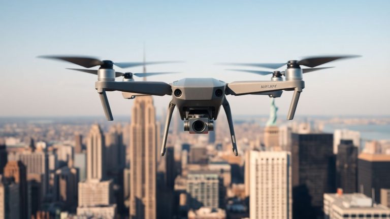 Drone flying over New York City skyline