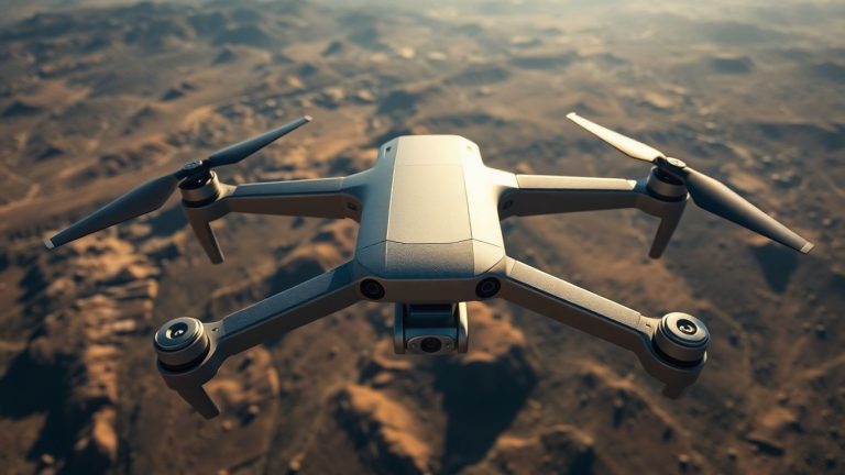 Drone surveying a detailed landscape from above.