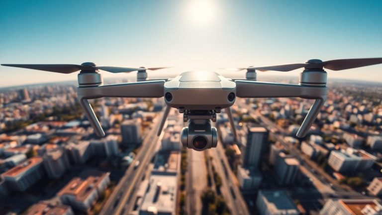Drone hovering over a city
