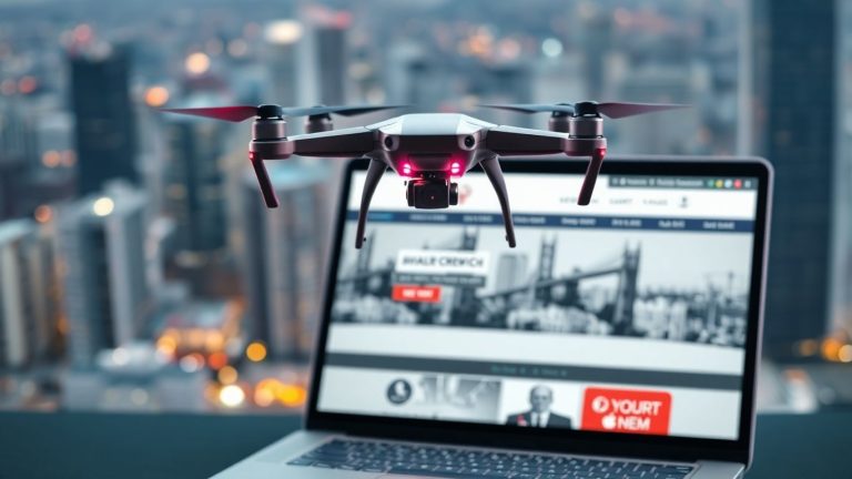 Drone hovering over website builder interface on laptop