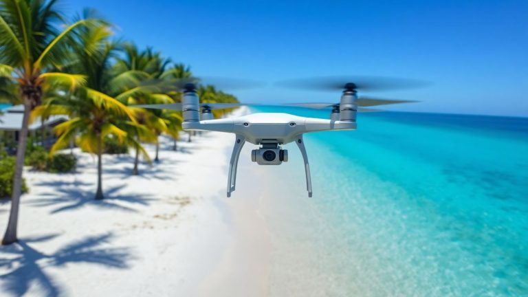 Drone flying over a sunny Florida beach.