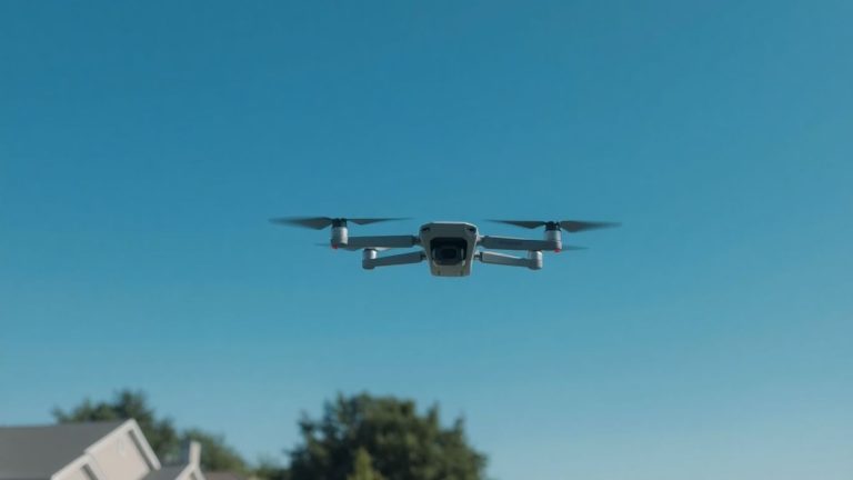 Drone flying over a neighborhood.