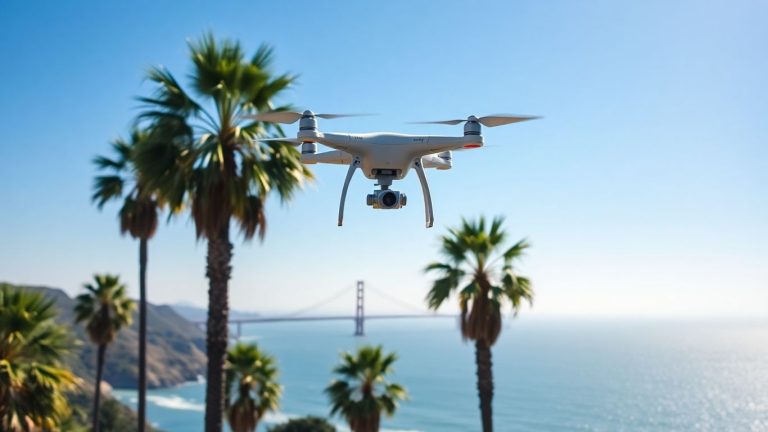 Drone flying over California coast with bridge.