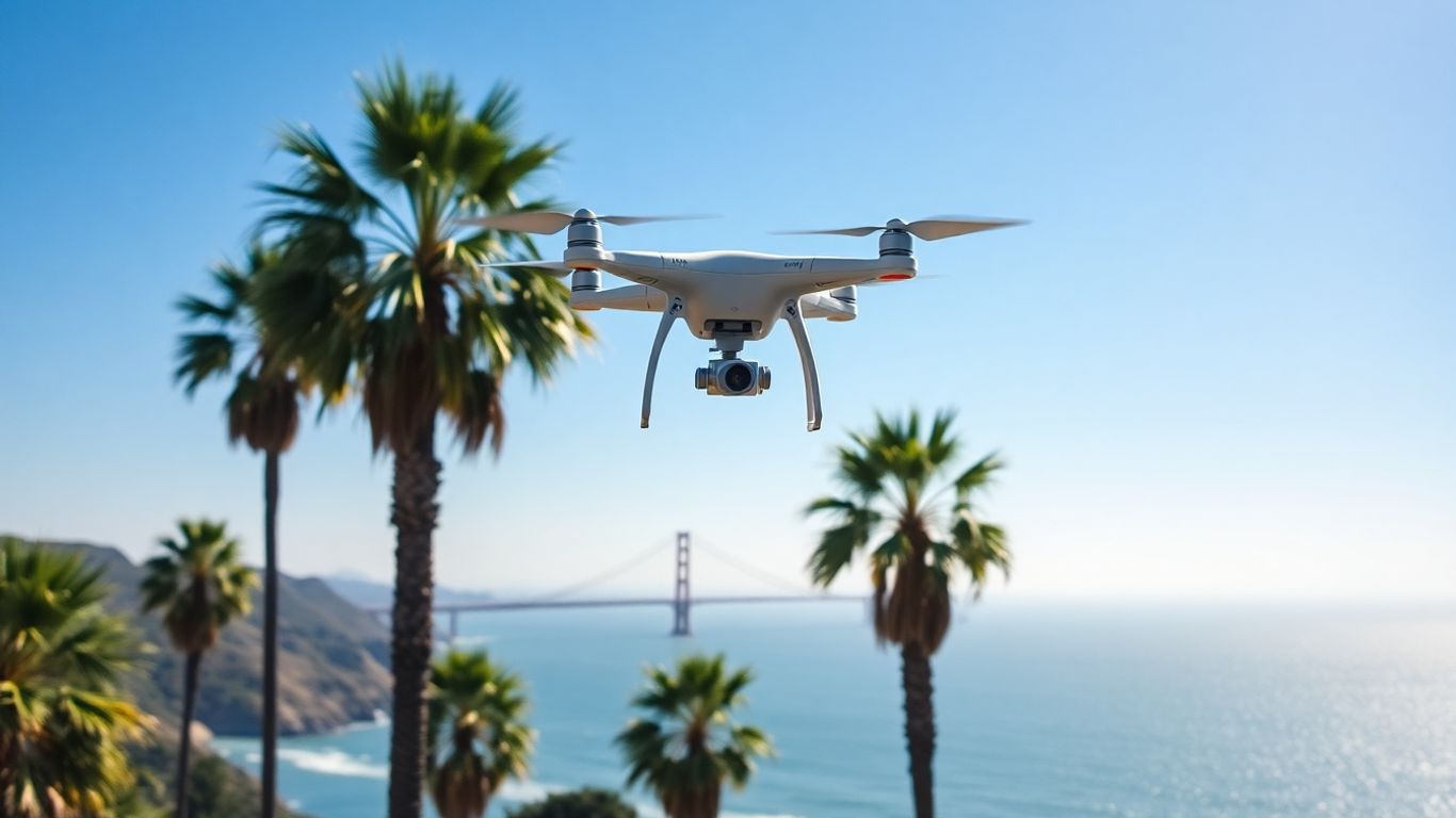 Drone flying over California coast with bridge.