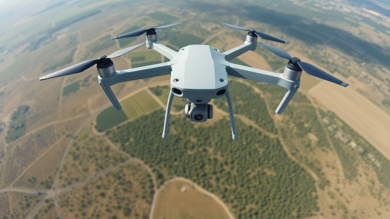 Drone surveying a detailed landscape from above.