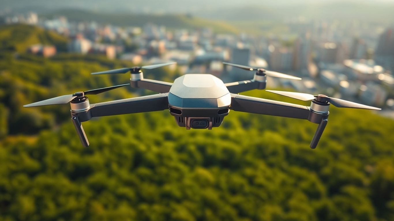 Drone flying over a green landscape with cityscape.