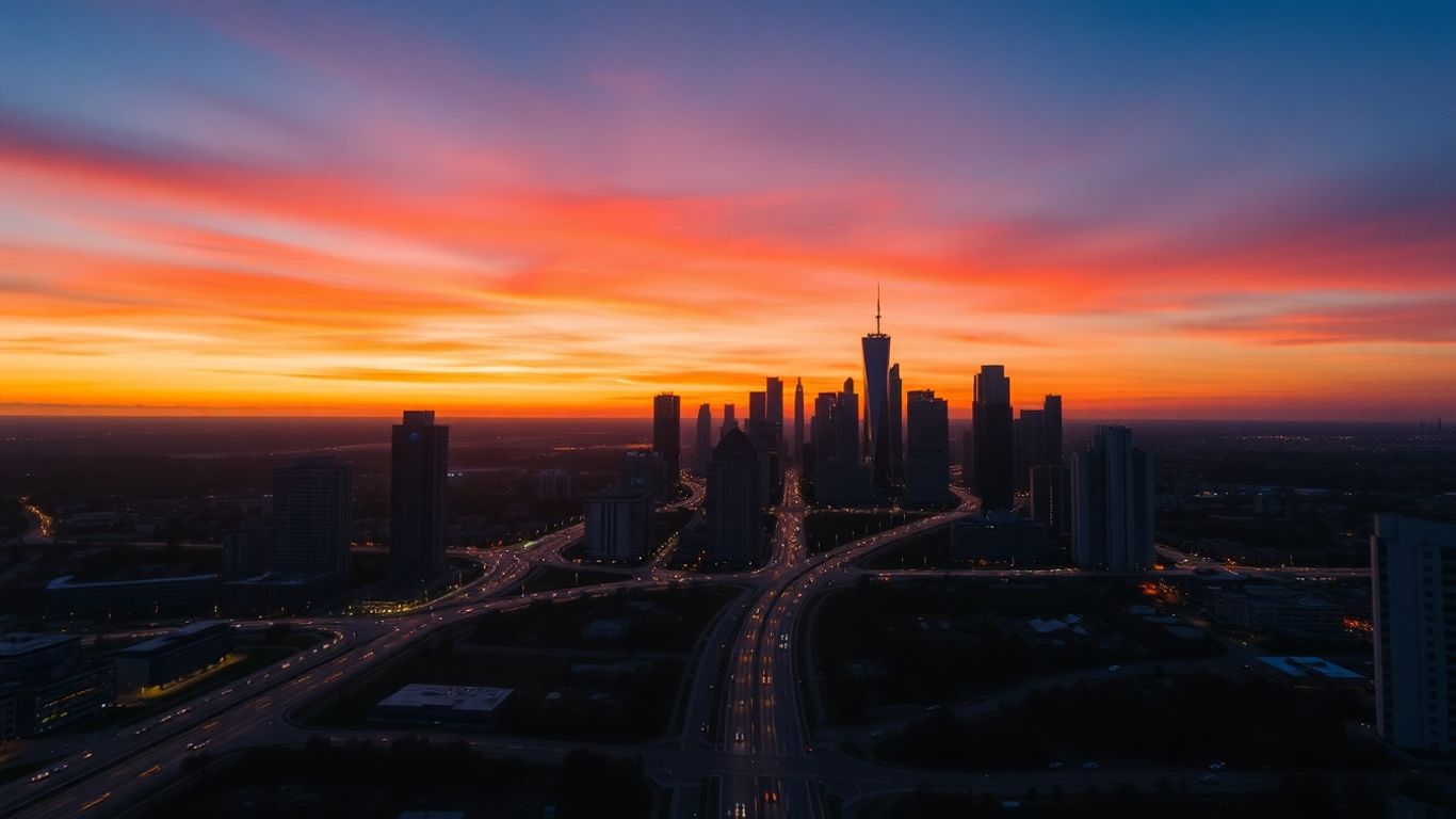 Drone flying over city at sunset