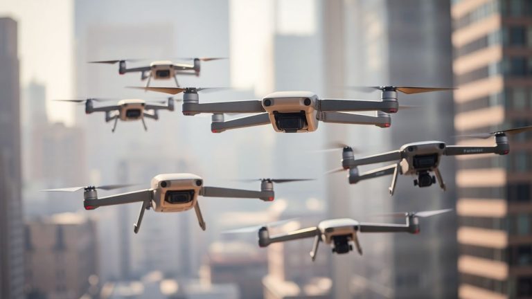 Modern business drones flying in front of a city.