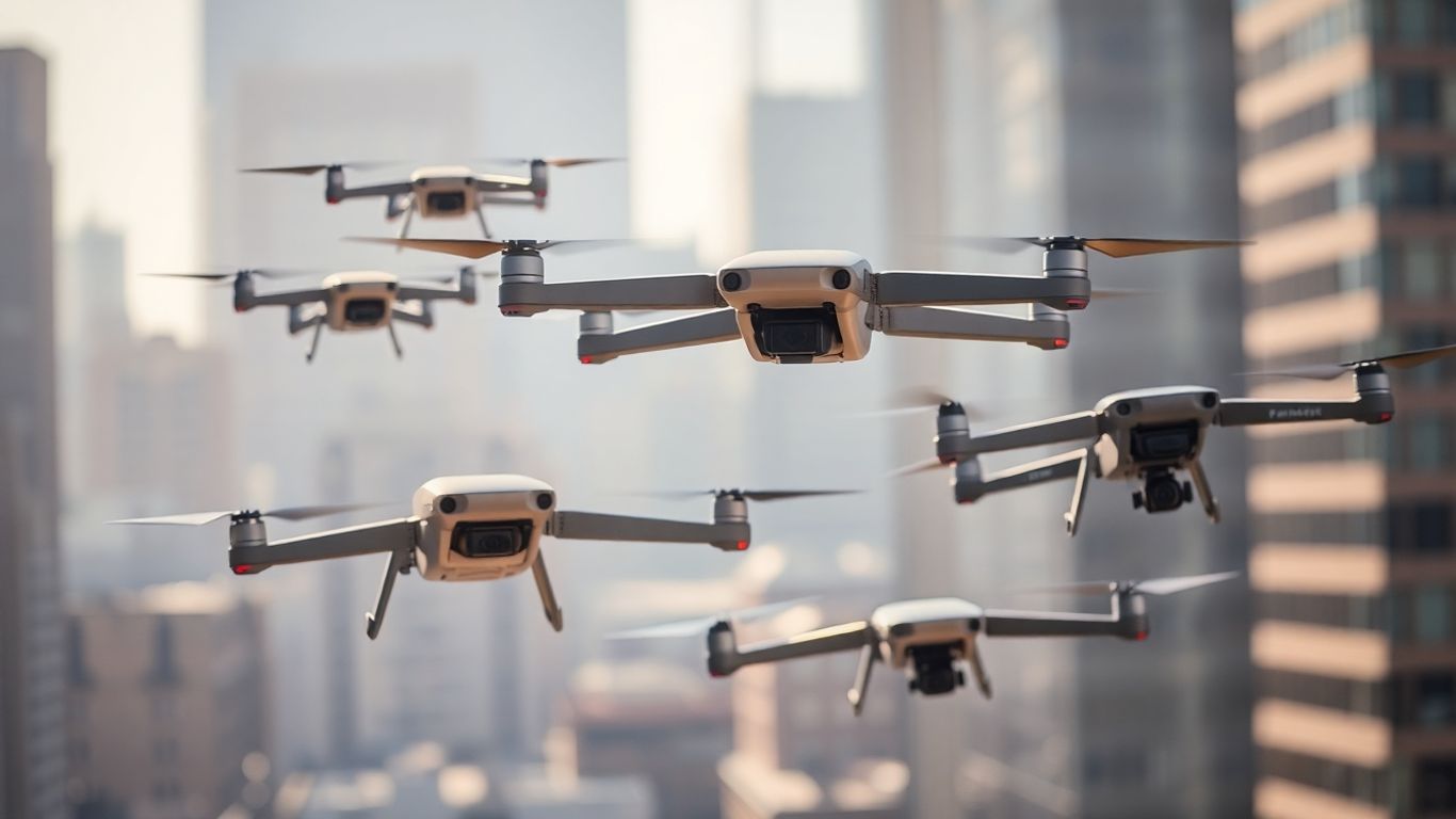 Modern business drones flying in front of a city.