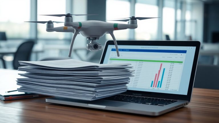 Drone and bookkeeping software on a desk.