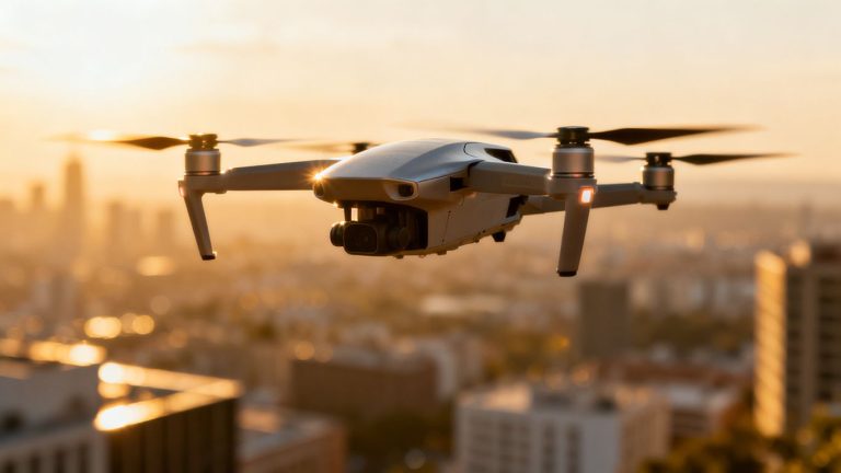 Drone flying over city, local SEO concept.