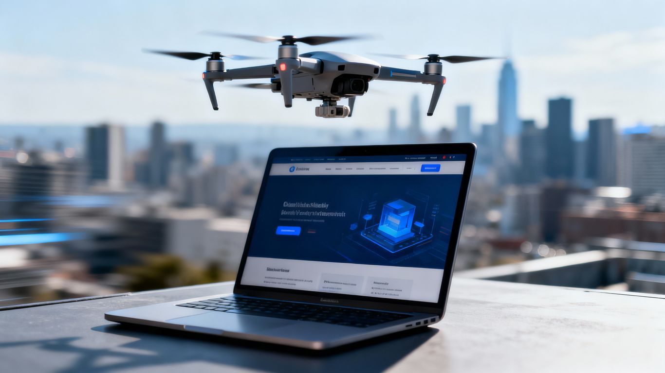 Drone flying above a laptop displaying a website.